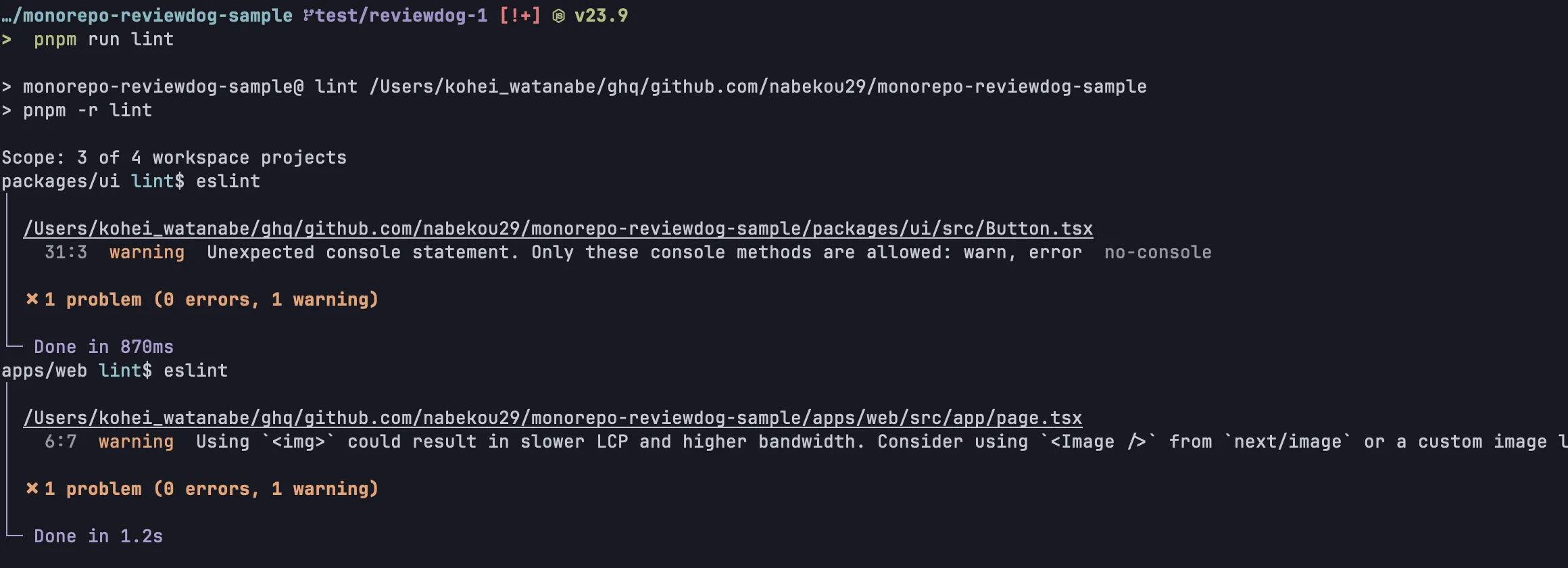 CLI で各パッケージに対して警告がでていることを確認した結果