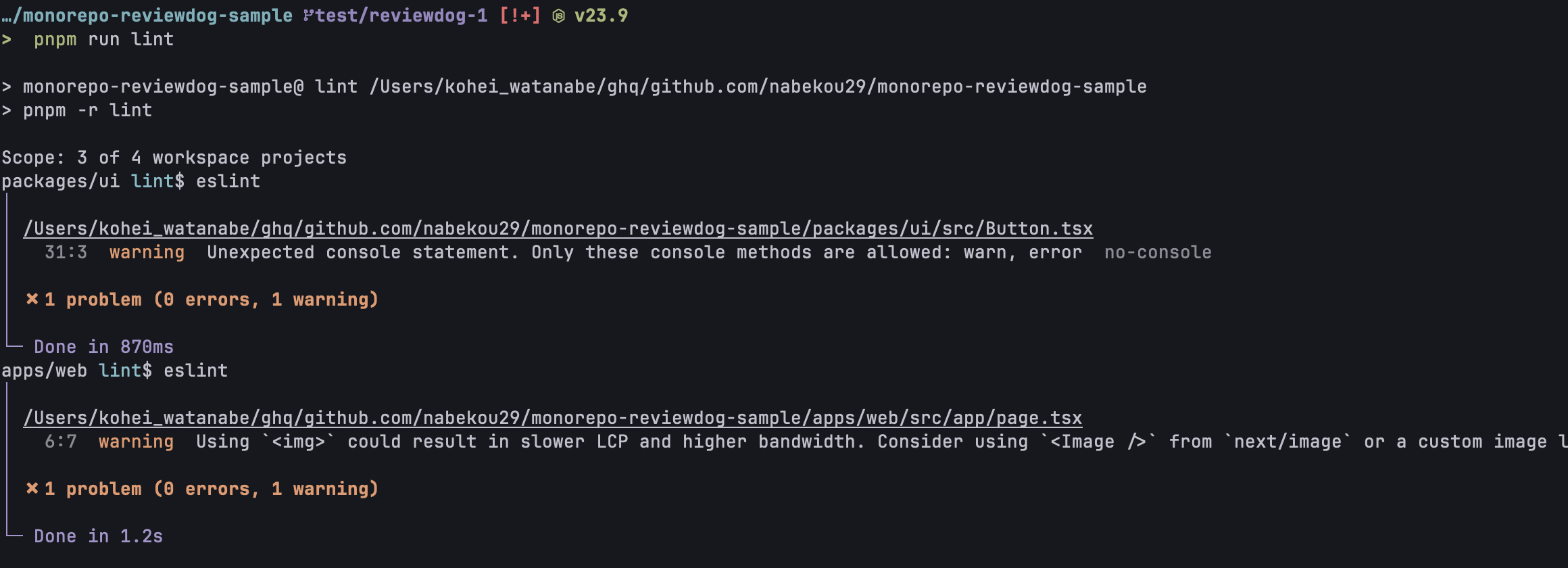 CLI で各パッケージに対して警告がでていることを確認した結果
